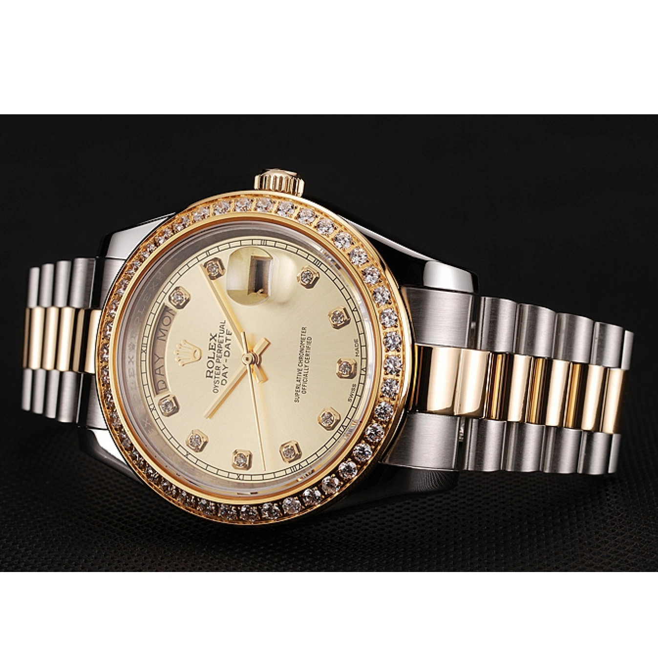 Aaa fake watches Rolex Champagne Case Day-Date Diamond Bracelet Tone Dial 1453974 Stainless Two Gold Swiss Steel 0818